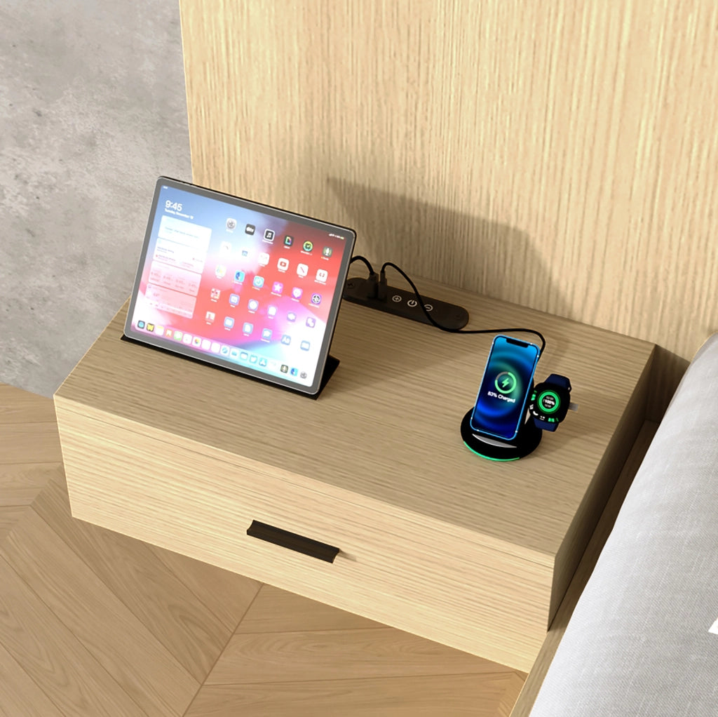 Letto matrimoniale contenitore 180x200 cm con faretti orientabili; USB C e 2 comodini; MDF rovere chiaro