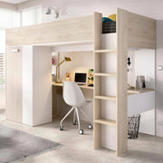 Composizione camera da letto Maha, Stanza da letto completa, Cameretta per bambini, Set per arredo a ponte, 206x111 h178 cm, Bianco e Rovere