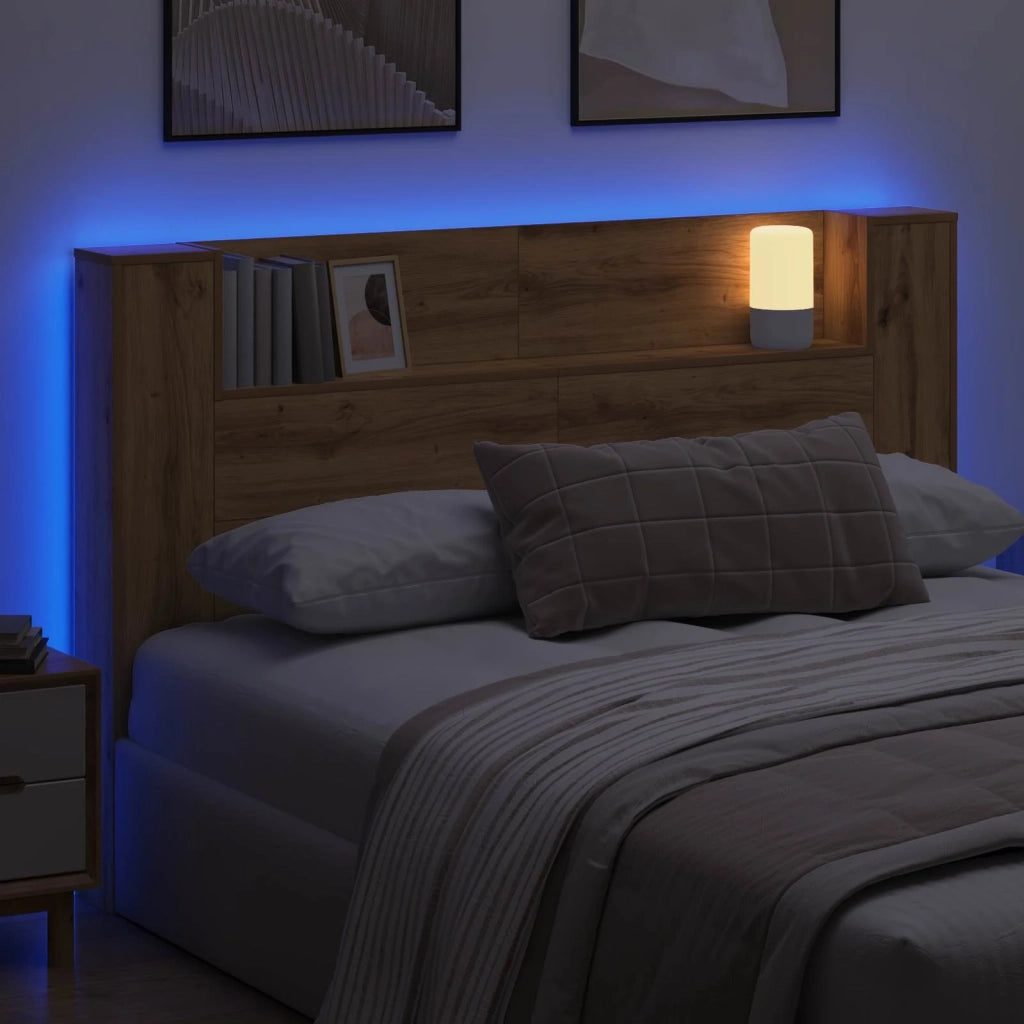 Testiera | Testata con Mobile e LED Rovere Artigianale Legno multistrato