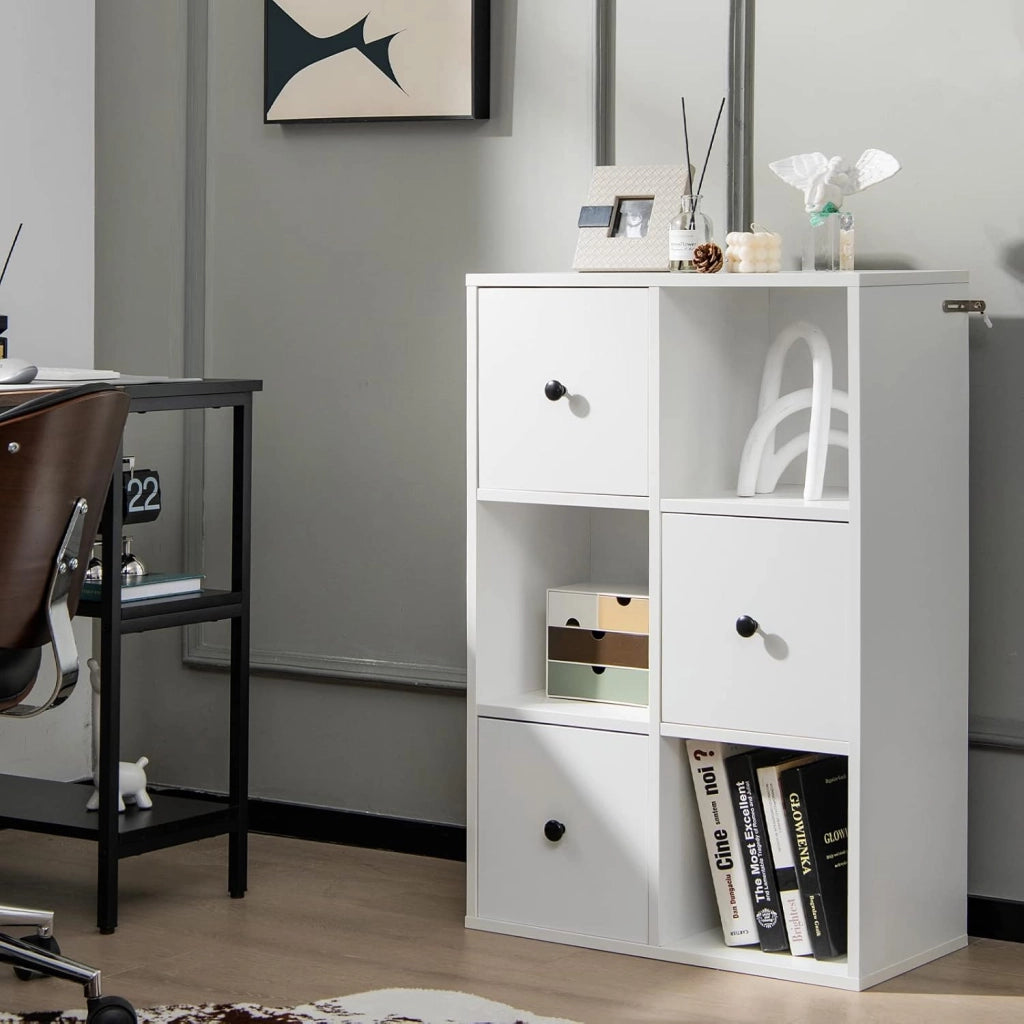 Libreria con Cassetti, Scaffale a 4 Livelli con Dispositivo Anti-Bascolare, Armadio a 6 Cube, Espositore Moderno per Soggiorno/Camera/Ufficio, 2 Colori