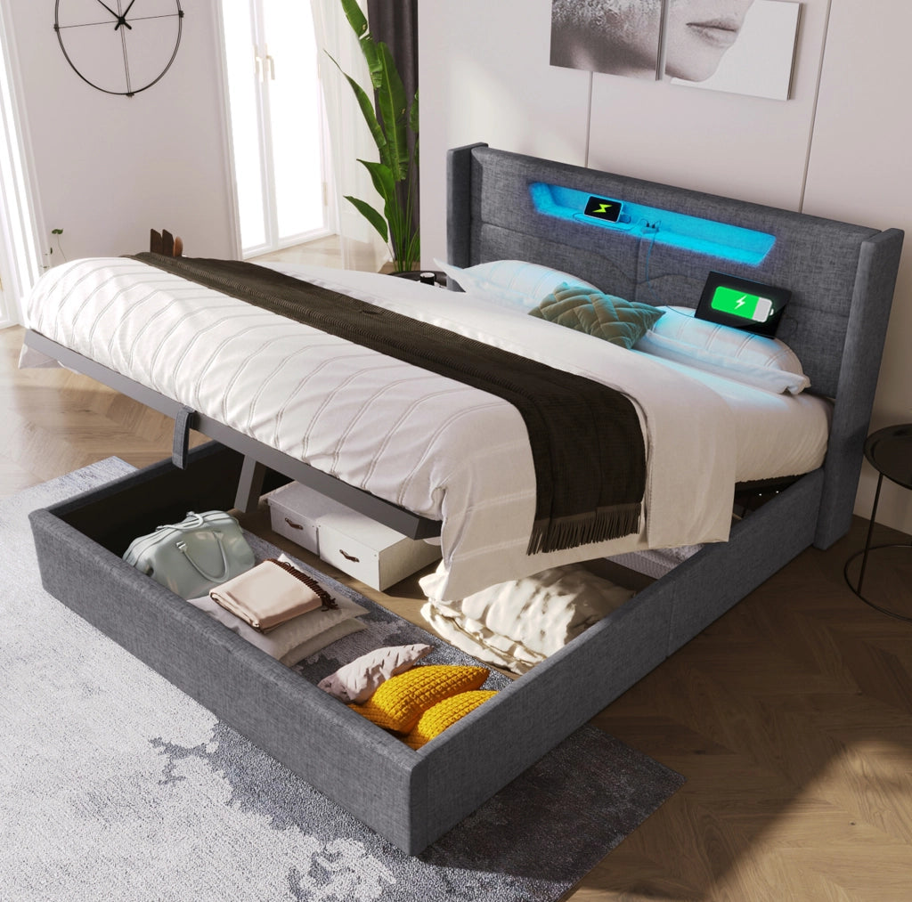 Letto matrimoniale contenitore LED con USB e Type-C 140x200 cm in lino grigio