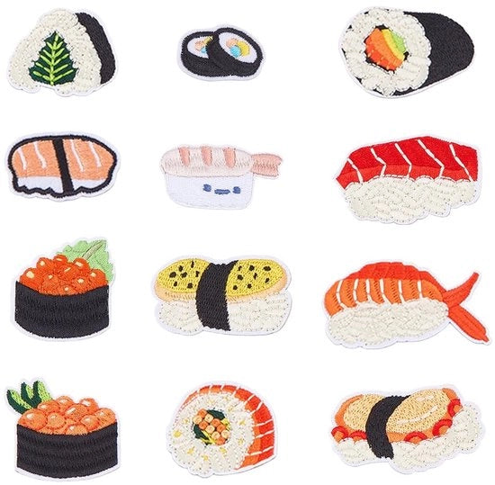 Pannelli da cucito per sushi 12 pezzi - Applique ricamata - Cibo giapponese - Pannelli da cucito rimovibili - Accessori creativi - Disegni unici - Pannelli da cucito ricamati
