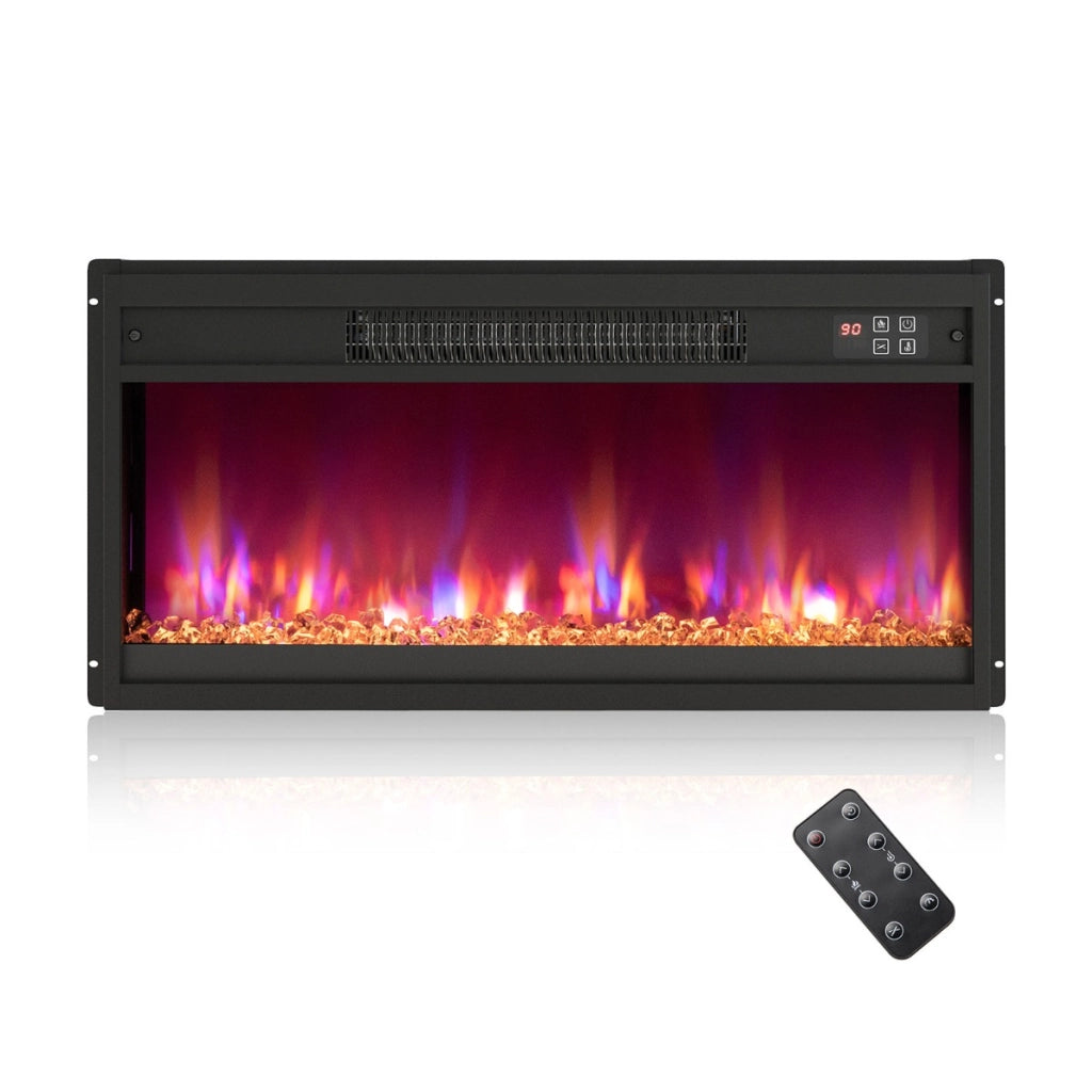 Camino elettrico riscaldatore a incasso 1500w con telecomando, Camino elettrico fiamma regolabile e letto di brace Nero