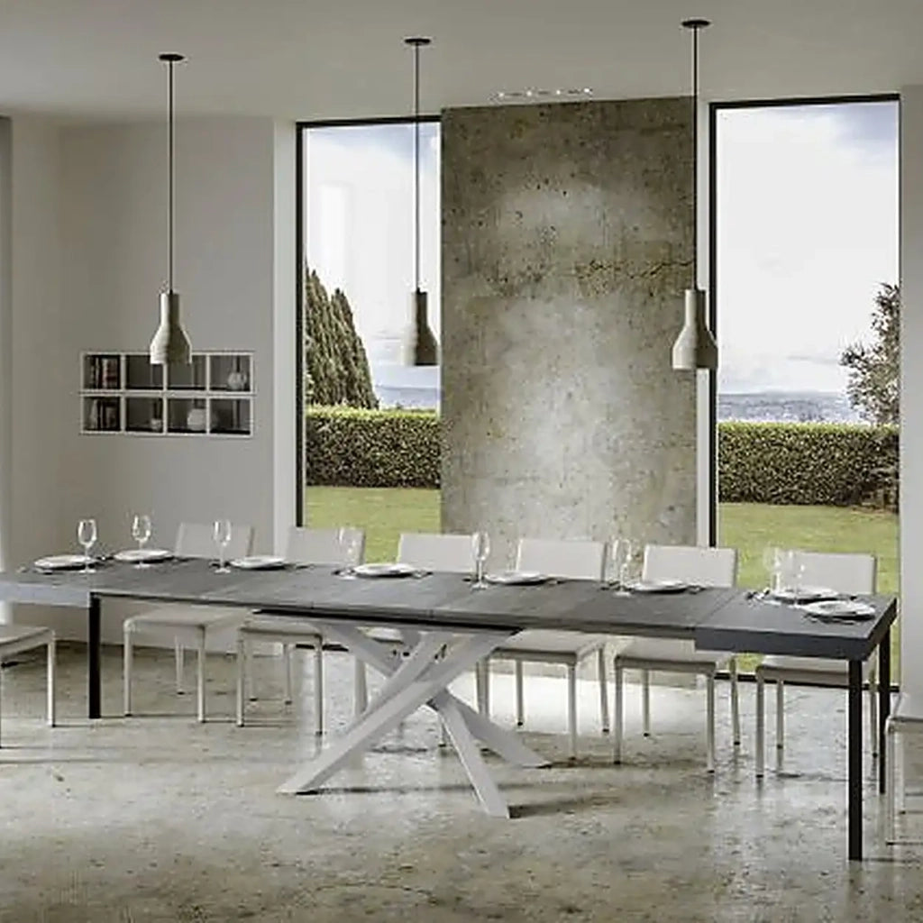 Tavolo allungabile 140/400x90 cm Volantis colore cemento gambe bianche