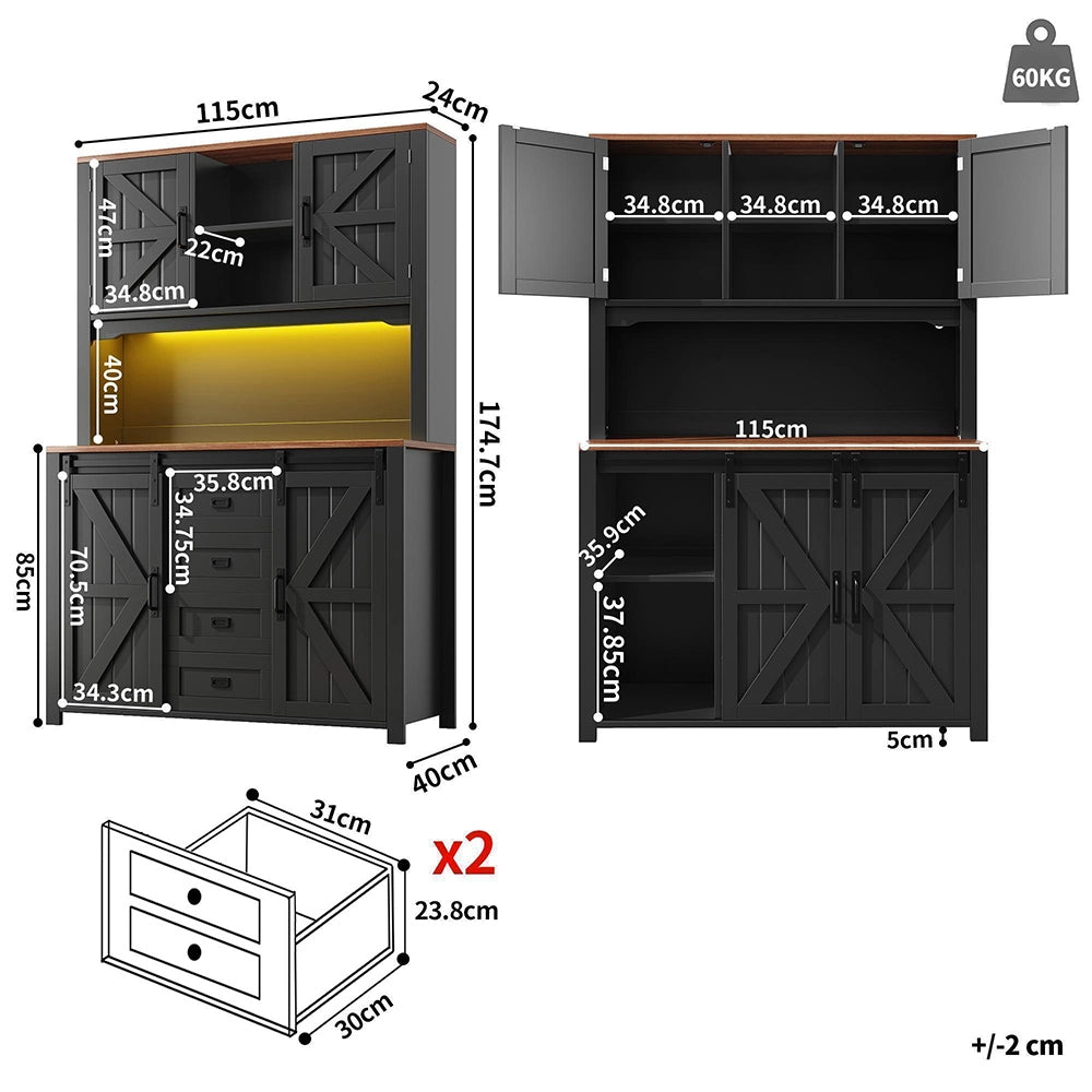 Armadio da cucina con ante scorrevoli - Xylo - 115x40x174,7 cm - Nero/Bianco - Illuminazione LED