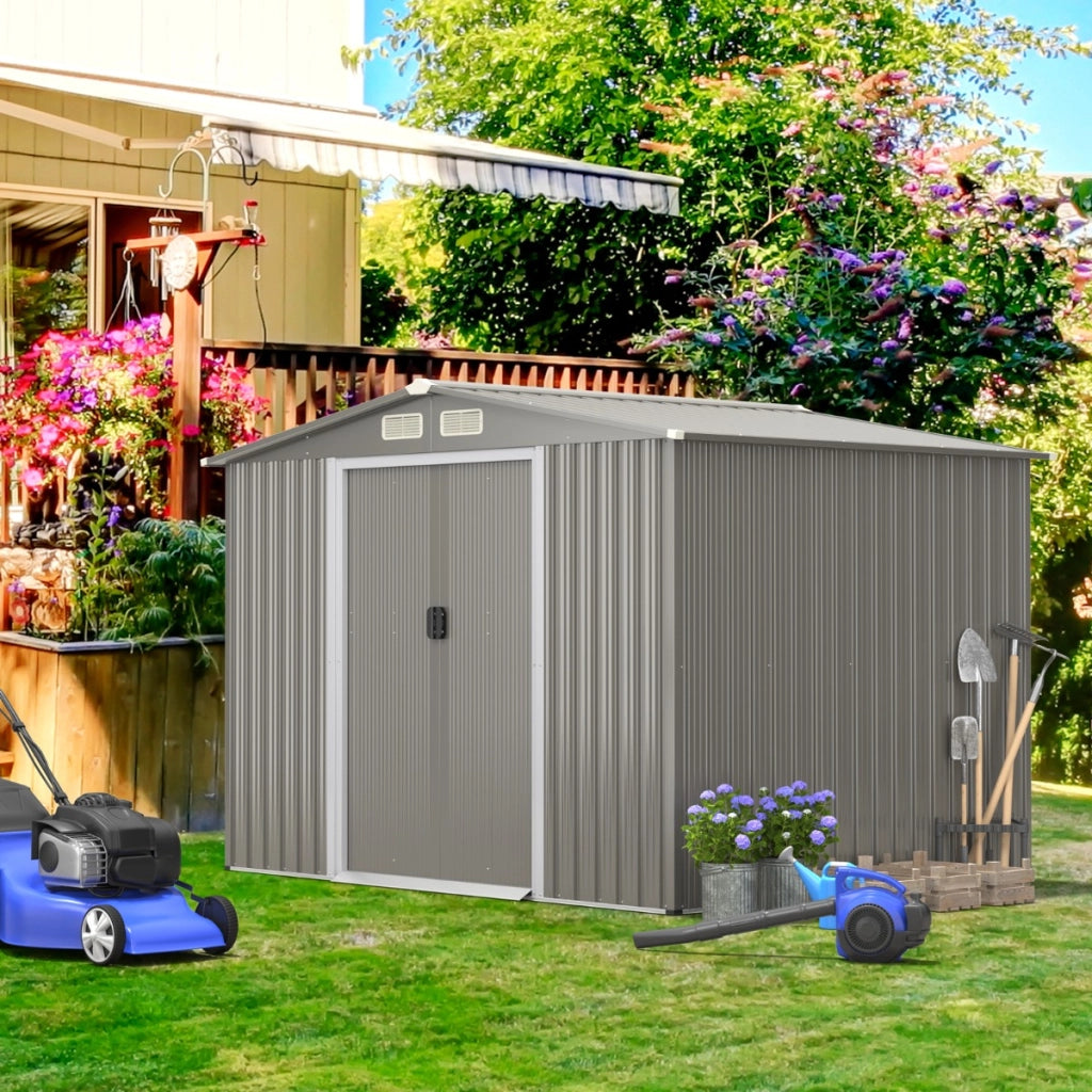 Capannone di stoccaggio all¡¯aperto con 4 feritoie 2 porte rampa, Magazzino per attrezzi in acciaio zincato Grigio-Casette da giardino