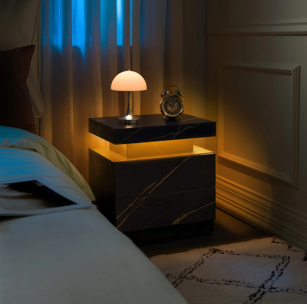 Comodino con luci LED regolabili, 2 cassetti, nero e oro