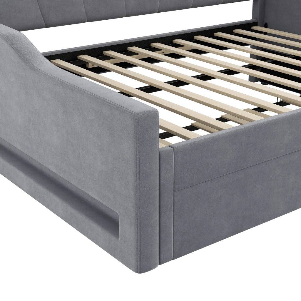 Letto a Divanetto 140 x 200 cm con Letto Estraibile e LED Regolabile - Grigio