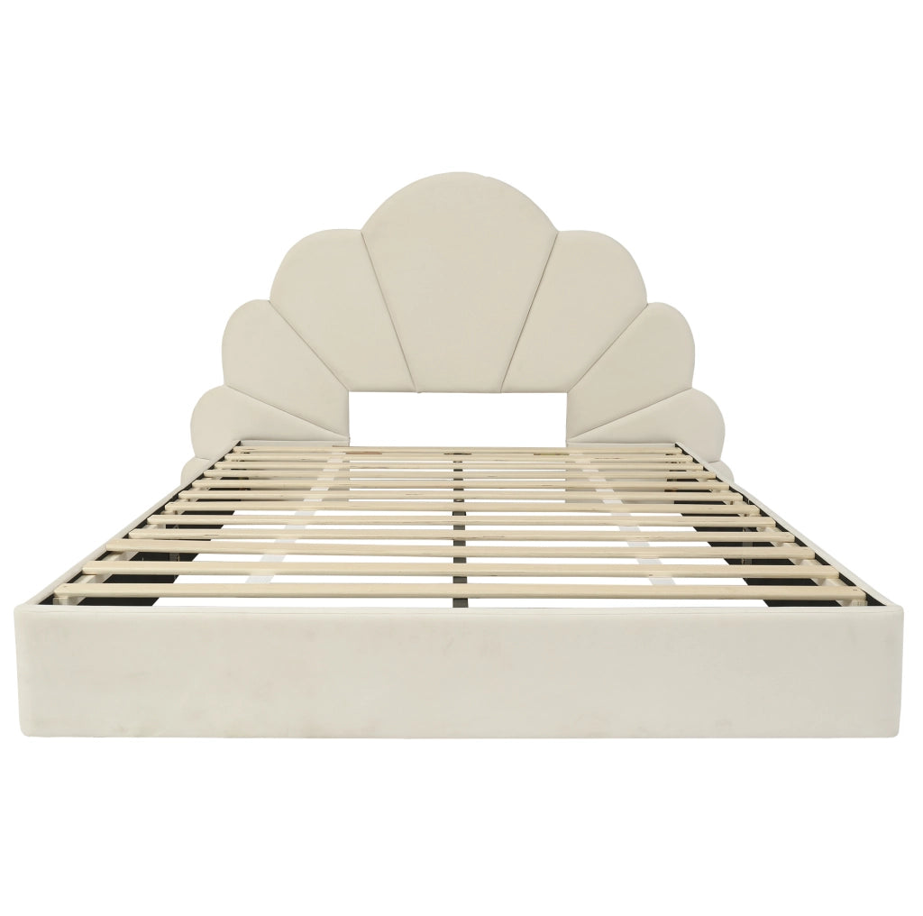 Letto matrimoniale imbottito beige in velluto con testiera floreale 140x200 cm