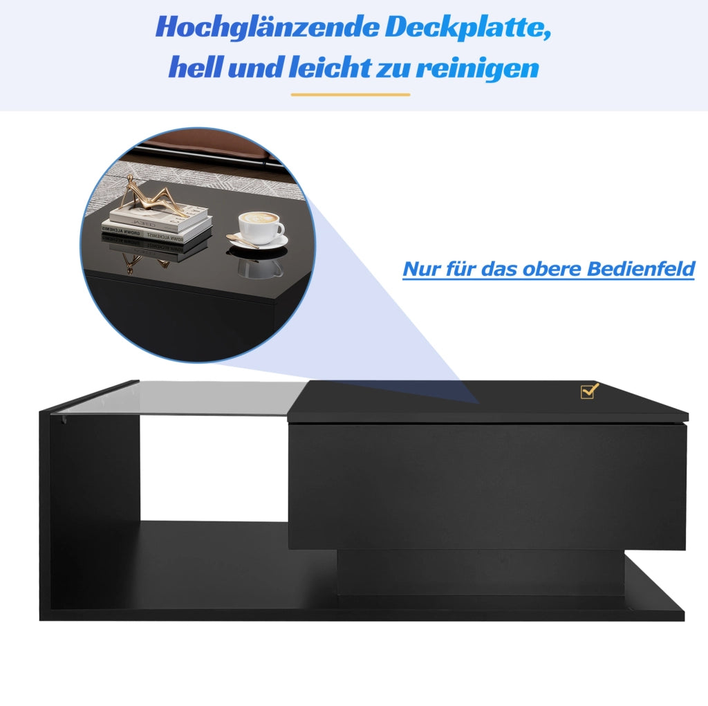 Tavolino da salotto nero lucido 100x50x32 cm con piano in vetro; cassetto e LED