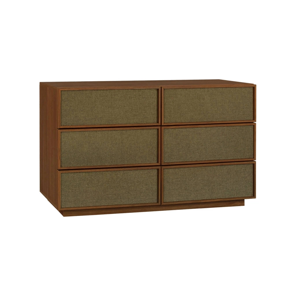 Cassettiera decorativa in legno e tessuto con 6 cassetti, noce