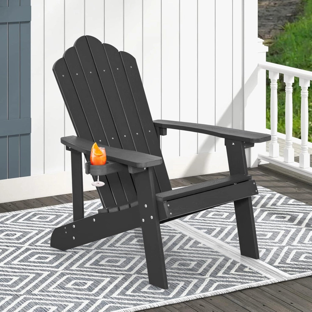 Adirondack - Poltrona grande lounge per patio con portabicchieri regolabile, sedia antincendio all'aperto, resistente alle intemperie, in legno, per copertura, giardino, 85 x 77 x 94 cm