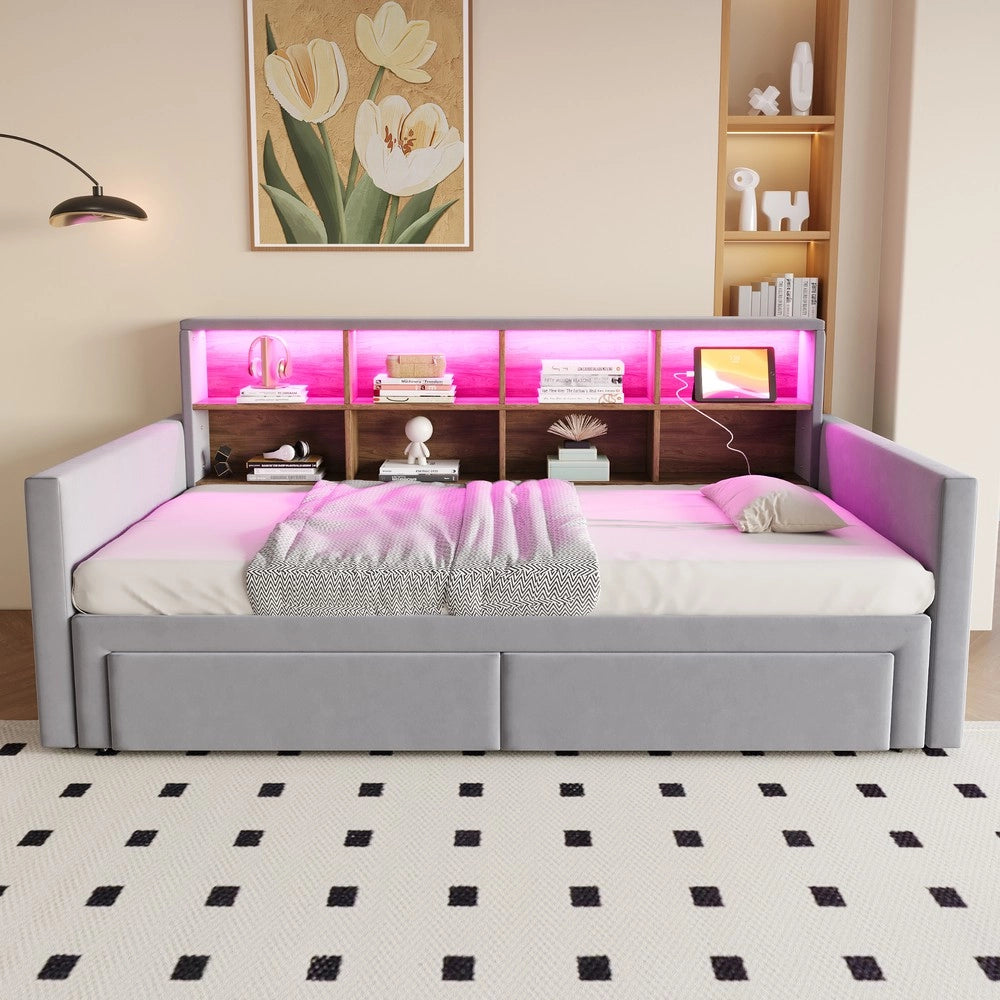 Letto Imbottito Estraibile con LED, Cassetti e Rete ¨C MINIMAL ¨C Velluto Grigio Chiaro 90x190/180x190