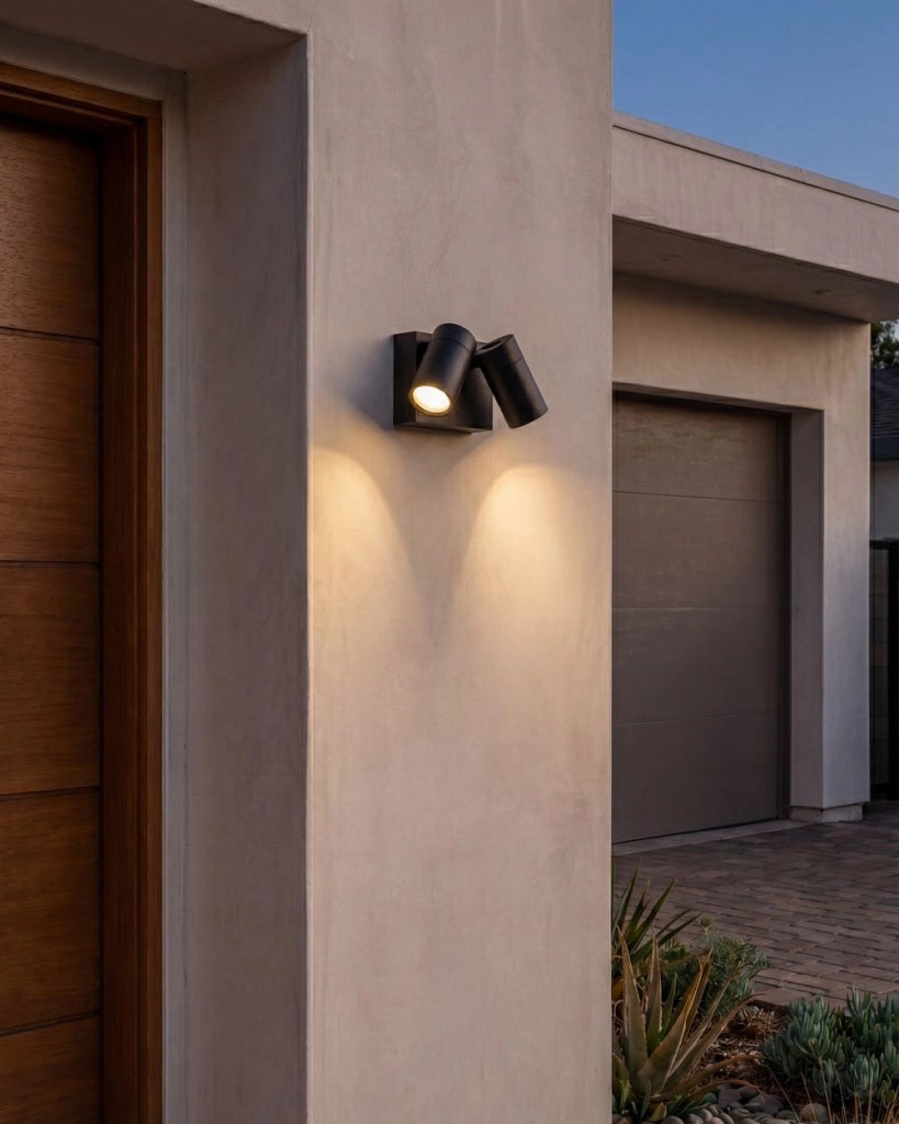 Lampada da parete per esterni in alluminio nero con 2 faretti, illuminazione da esterno moderna