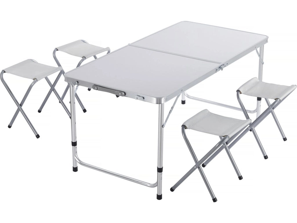 Set di tavolo da campeggio e 4 sgabelli pieghevoli - 125 x 60 cm - Bianco