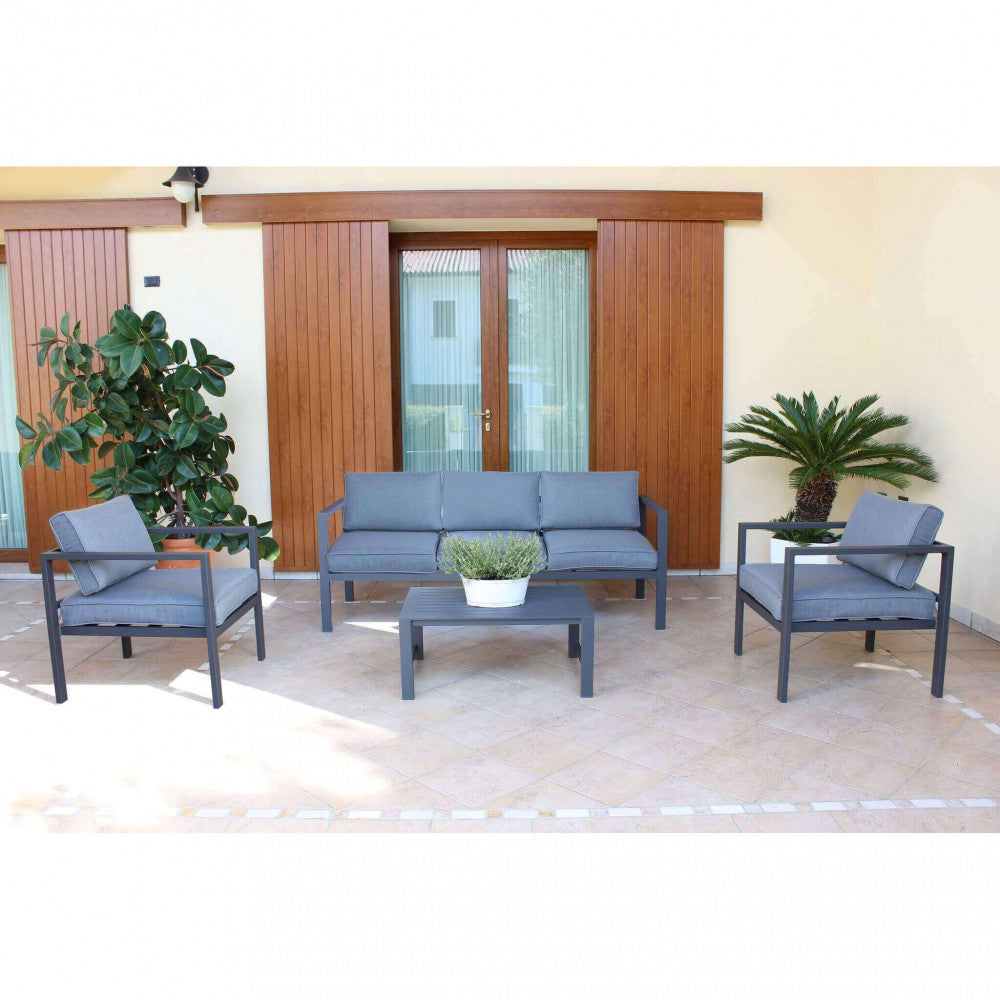 Set Salotto da Giardino Divano 2 Poltrone e Tavolino con Cuscini in Alluminio Antracite