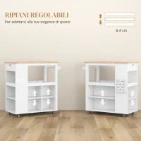 Carrello Isola da Cucina con Ripiani Regolabili, Portacoltelli e Piano in Legno, 86.5x47x88 cm, Bianco