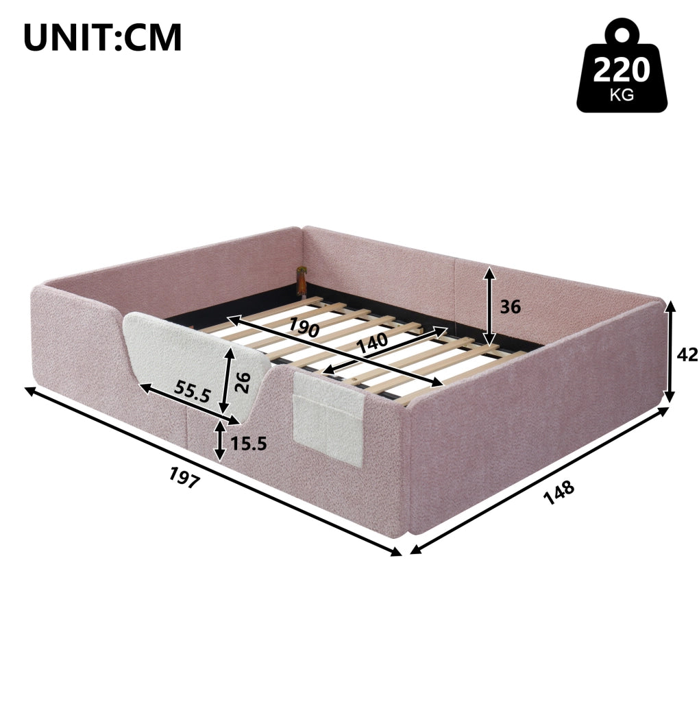 Letto imbottito per bambini 140x190 cm in velluto rosa con sponde removibili