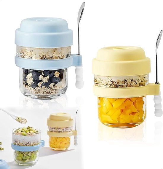 Set di contenitori per overnight oats - 2 contenitori in vetro con coperchi e cucchiaio - 440 ml contenitori in vetro riciclabili - Contenitori per meal prep in vetro - Per avena, yogurt, frutta, granola, insalata e budino