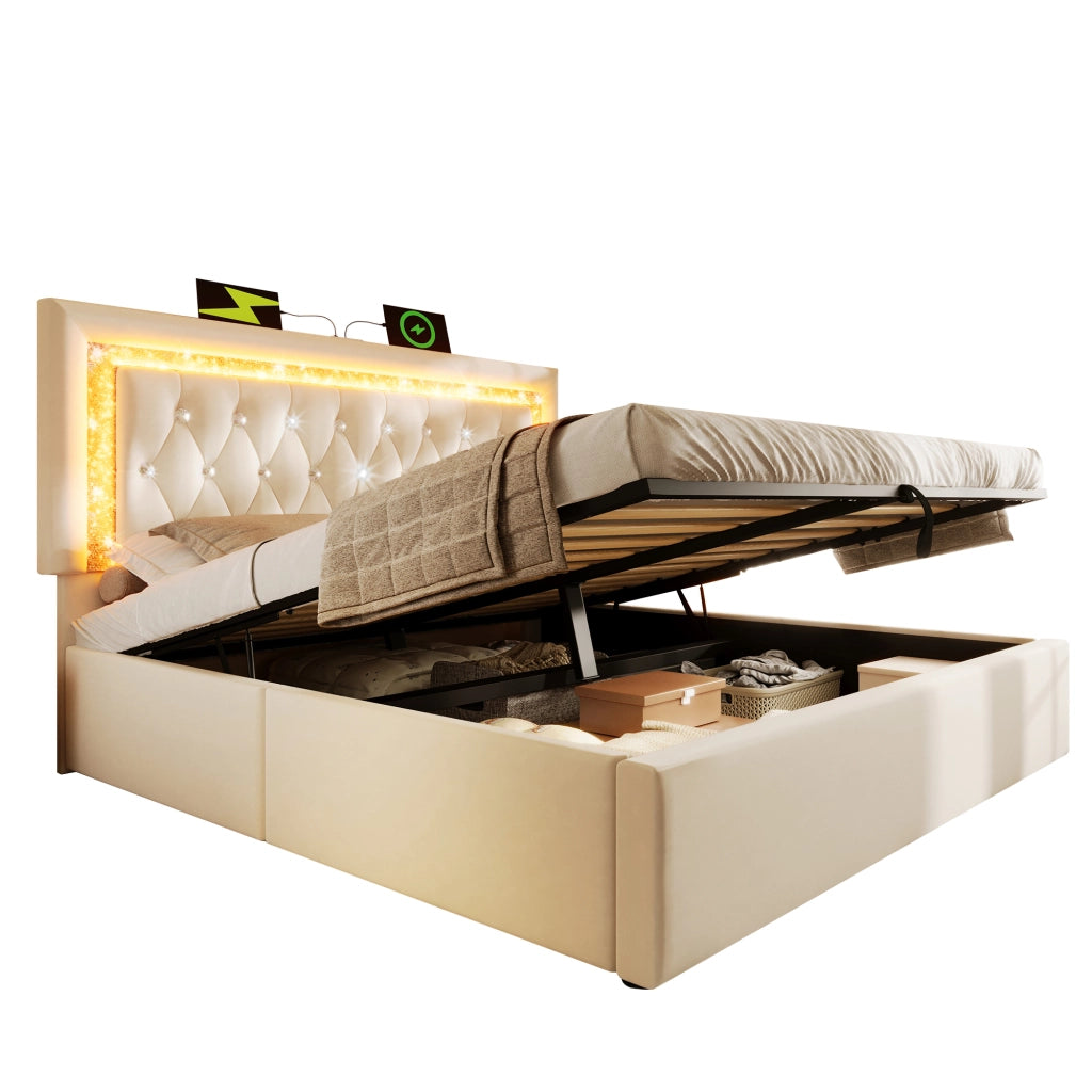 Letto matrimoniale – 180x200 cm – LED diamante USBC contenitore – velluto beige
