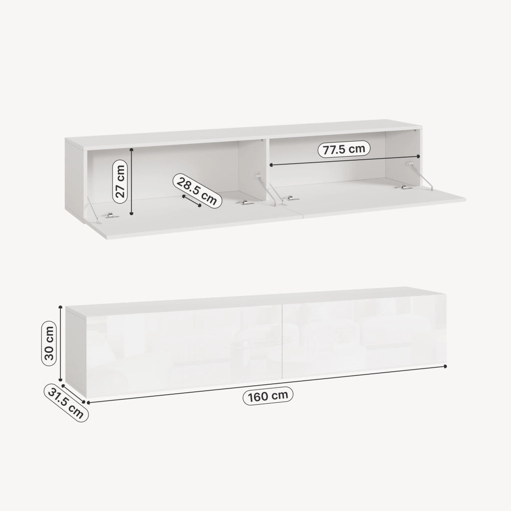 Mobile Pensile Evaton Porta TV da Parete 160 x 32 x 30 cm - Bianco Lucido [en.casa]