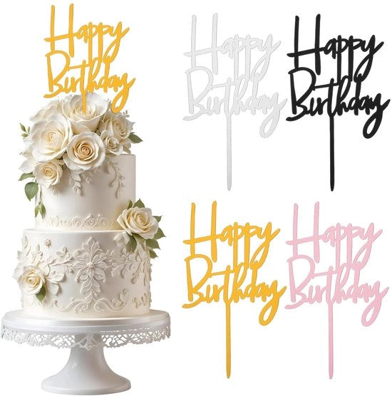 Decorazione per Torta Happy Birthday - 4 Pezzi - Acrilico - Set di Decorazioni per Torta - Desserts di Festa - Sostenibile - Aspetto Elegante