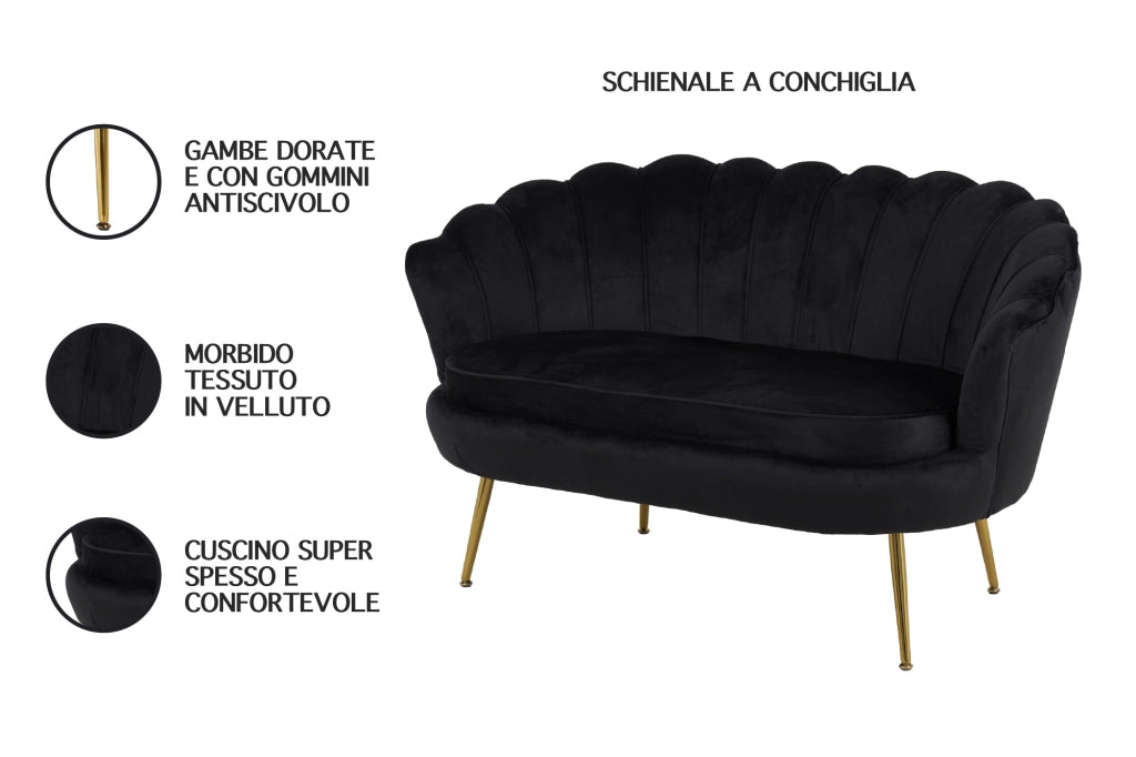 Divano Due 2 Posti In Velluto Forma Conchiglia Gambe In Metallo 133x63x75 Cm Camera Soggiorno Ufficio  Nero