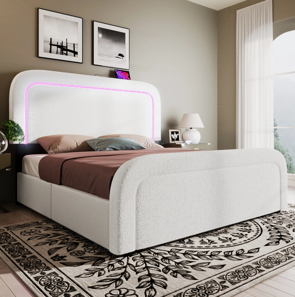 Letto matrimoniale 140x200 cm in Sherpa bianco con LED; USB-C; 4 cassetti e materasso
