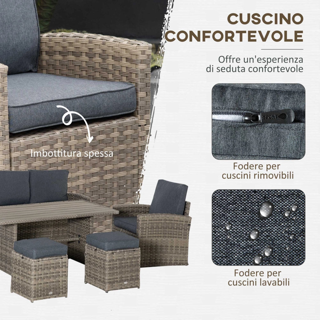 Set Salotto da Giardino in Rattan ¨C zephmum ¨C Grigio con Divano 3 Posti, 2 Poltrone, 2 Sgabelli e Tavolo
