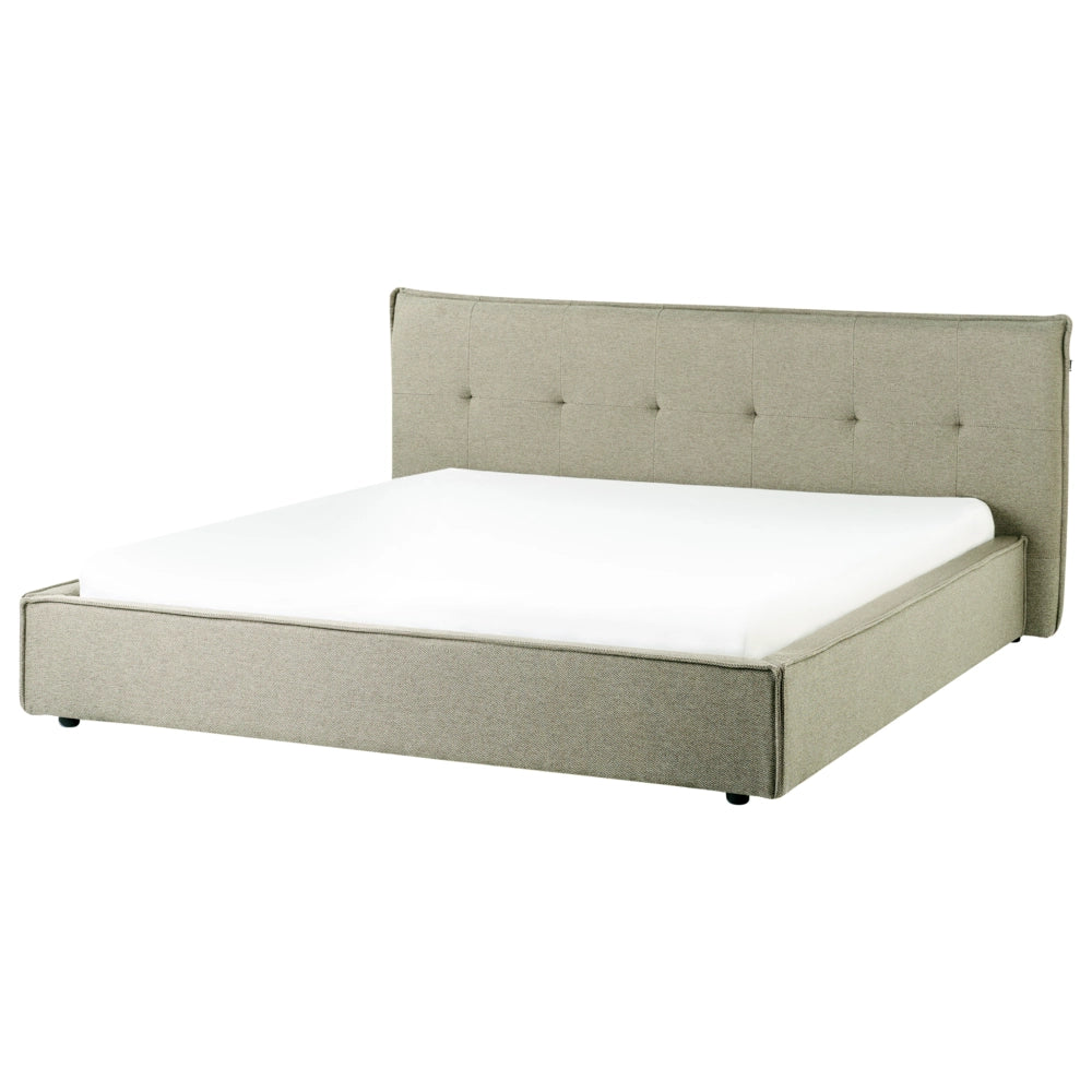 Letto ad acqua king size UE con rivestimento in tessuto di lino verde e gambe nere 180 x 200 cm con testiera e struttura a doghe per camera da letto.