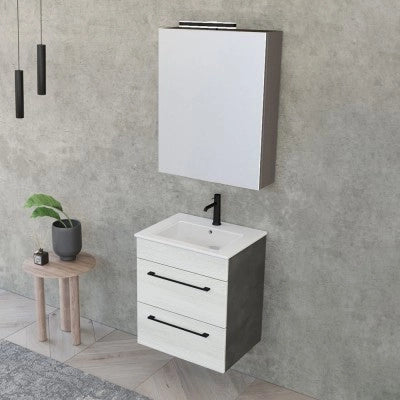 Mobile bagno sospeso 55 cm Smart bianco legno/lava con lavabo e specchio