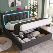 Letto matrimoniale 140x200 cm con contenitore; testiera regolabile; LED e USB Type C; lino grigio