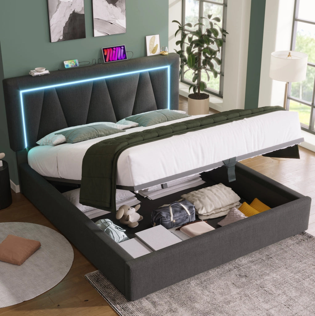 Letto matrimoniale 140x200 cm con contenitore; testiera regolabile; LED e USB Type C; lino grigio