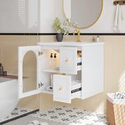 Mobile da Bagno Sospeso con Lavabo in Ceramica, LED e Ante in Vetro ¨C Xylo ¨C Nero/Bianco
