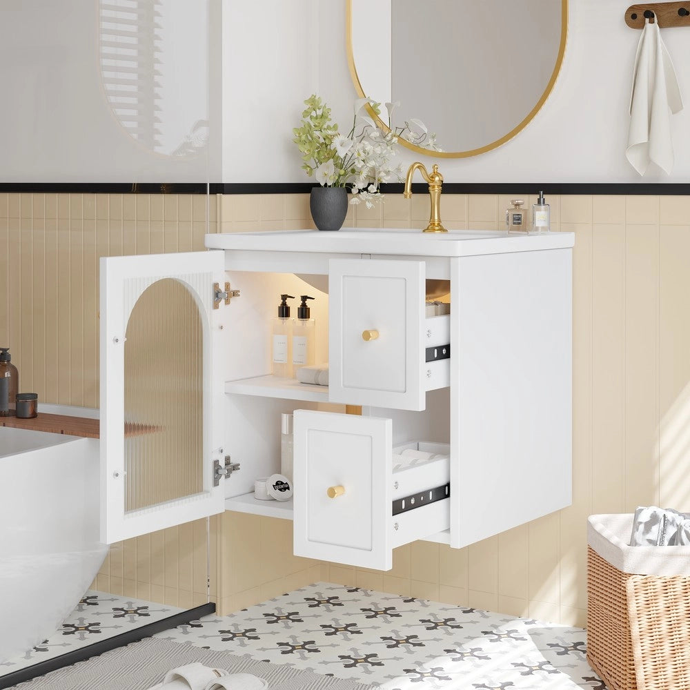 Mobile da Bagno Sospeso con Lavabo in Ceramica, LED e Ante in Vetro ¨C Xylo ¨C Nero/Bianco