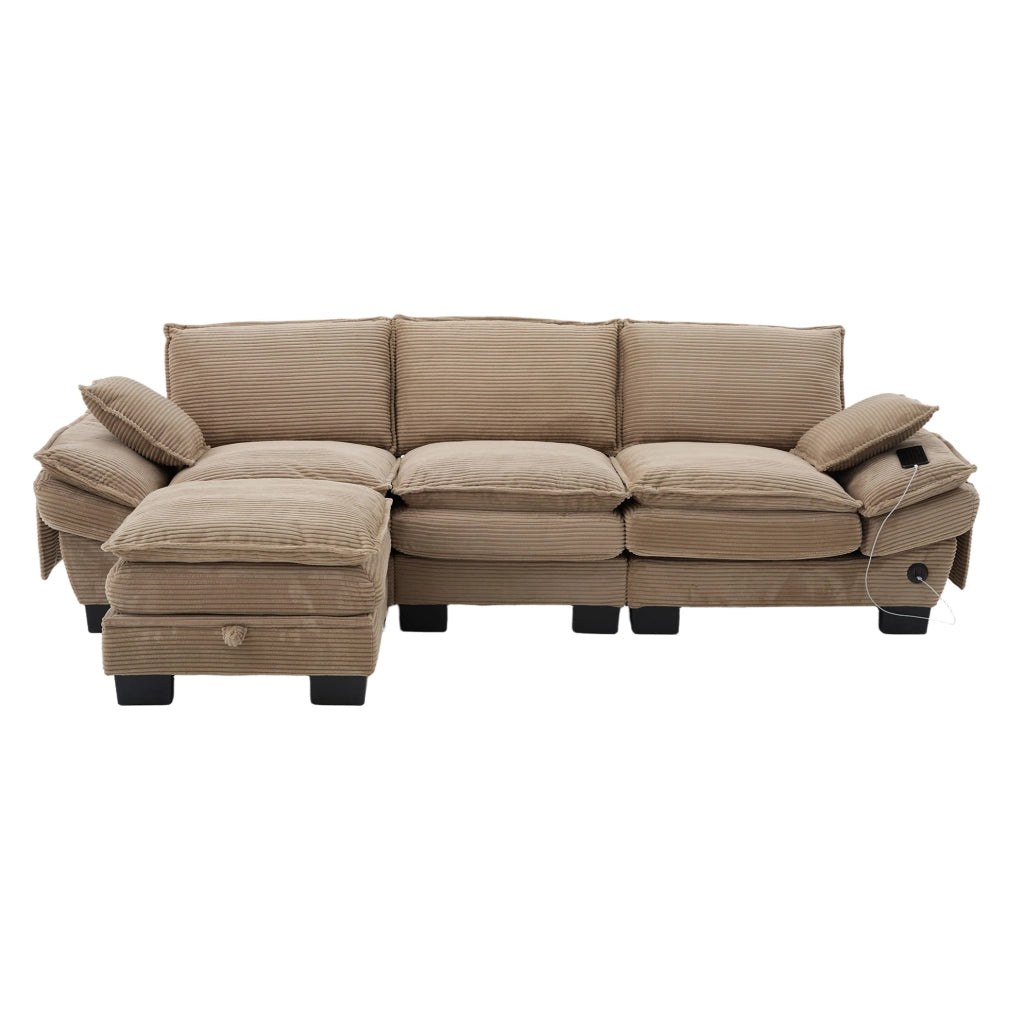 Divano modulare 3 posti in velluto a coste khaki con pouf