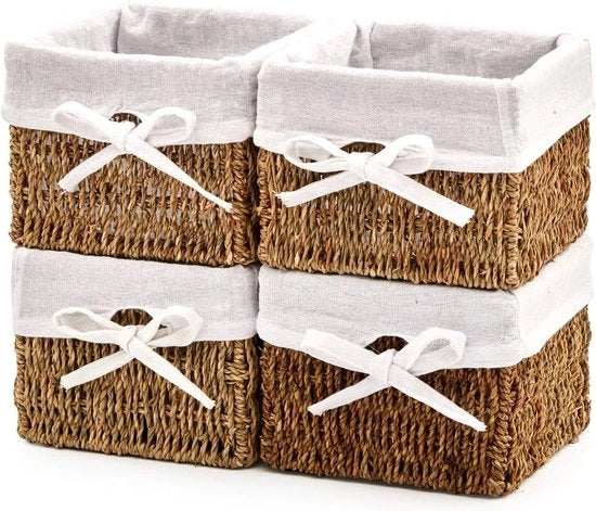 Set quadrato 4 pezzi di contenitori per alga naturale, intrecciati a mano, contenitore multifunzionale con cassetto, contenitore a piattaforma, organizzatore con rivestimento, per cucina, bagno, camera da letto, 18 x 18 x 14 cm
