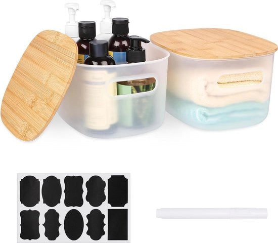 Scatole di Stoccaggio in Plastica con Coperchi in Bambù - Scatoloni Organizzatori Stivellabili - Bianchi - Piccoli Contenitori di Stoccaggio per Scatolari, Armadi, Cassetti