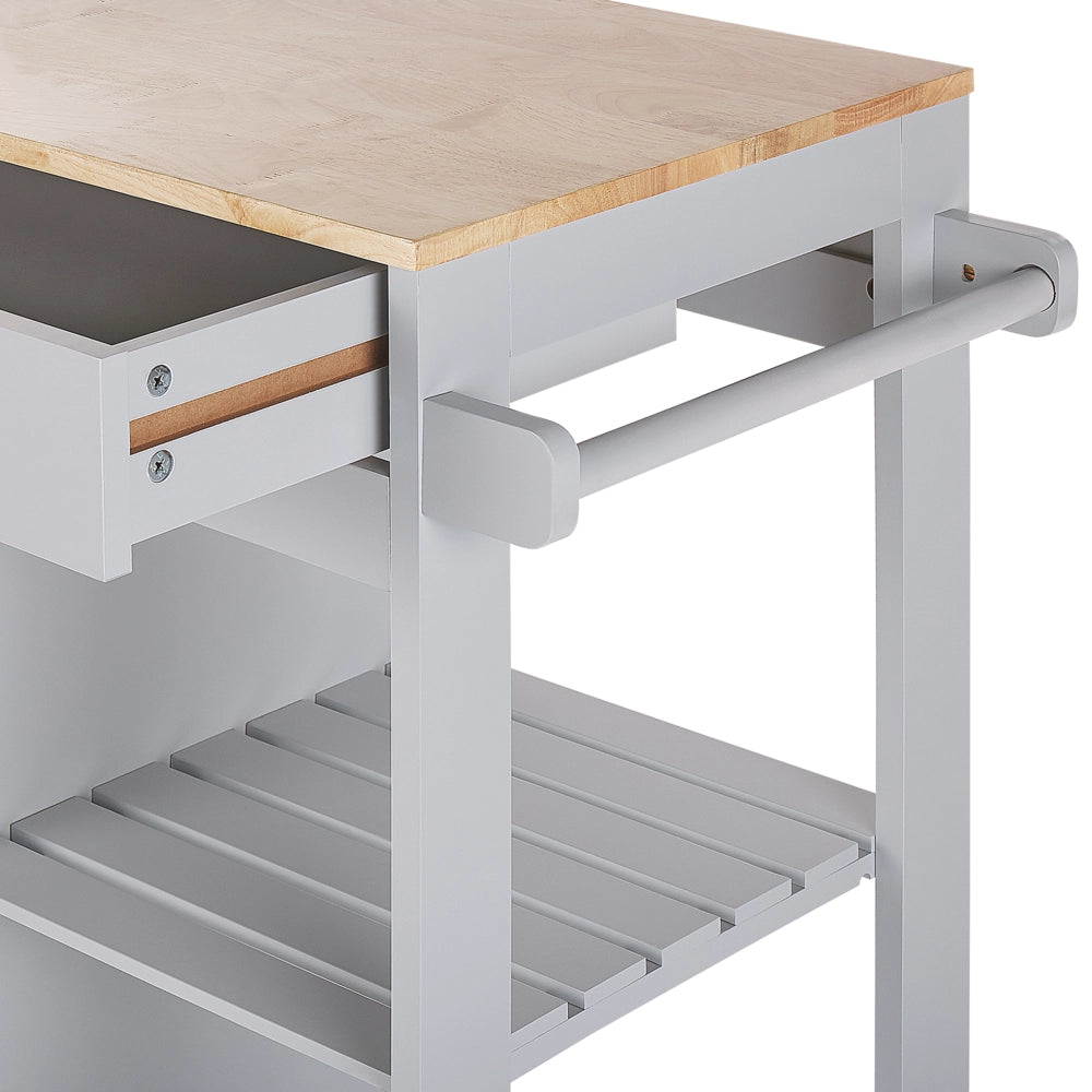 Carrello da cucina MDF grigio legno di gomma 75 x 43 x 87 cm armadio porta asciugamani 2 ripiani posate cassetto ruote