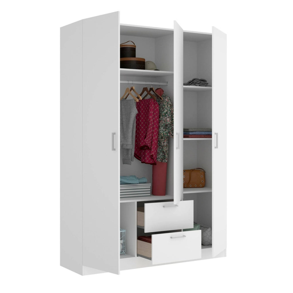 Guardaroba Ales, Mobile appendiabiti per camera da letto, Armadio a 3 ante battenti e 2 cassetti, 150x52h215 cm, Bianco