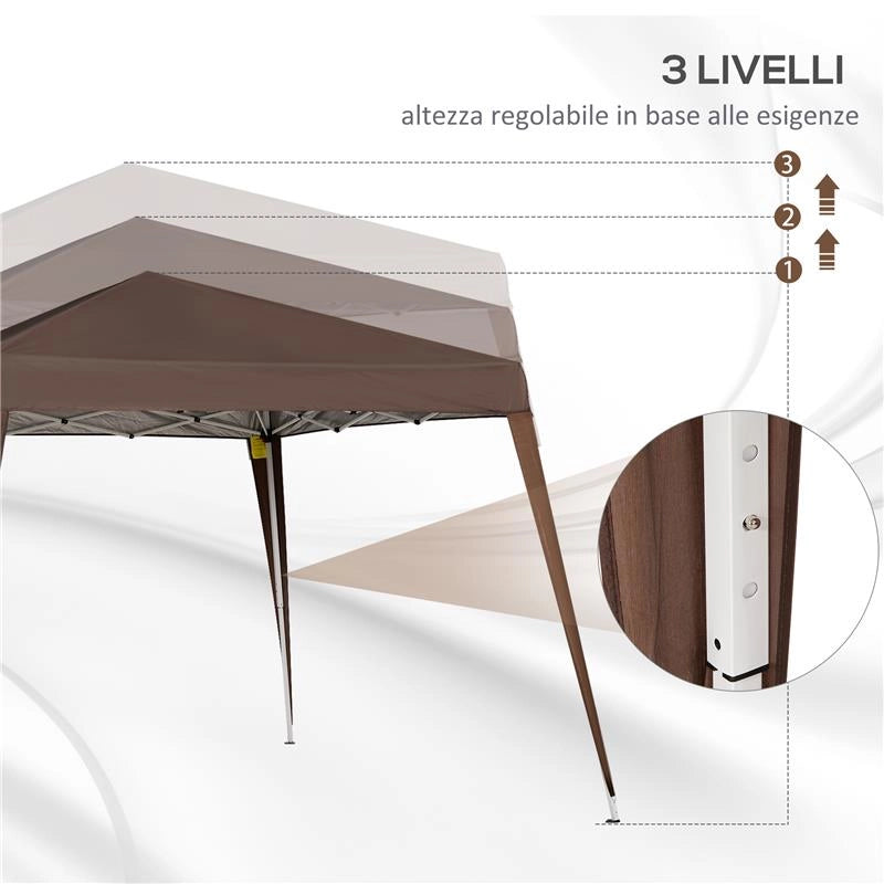 GAZEBO PIEGHEVOLE DA GIARDINO 2.4X2.4M CON STRUTTURA IN ACCIAIO E CORDE ANTIVENTO, CAFFÈ