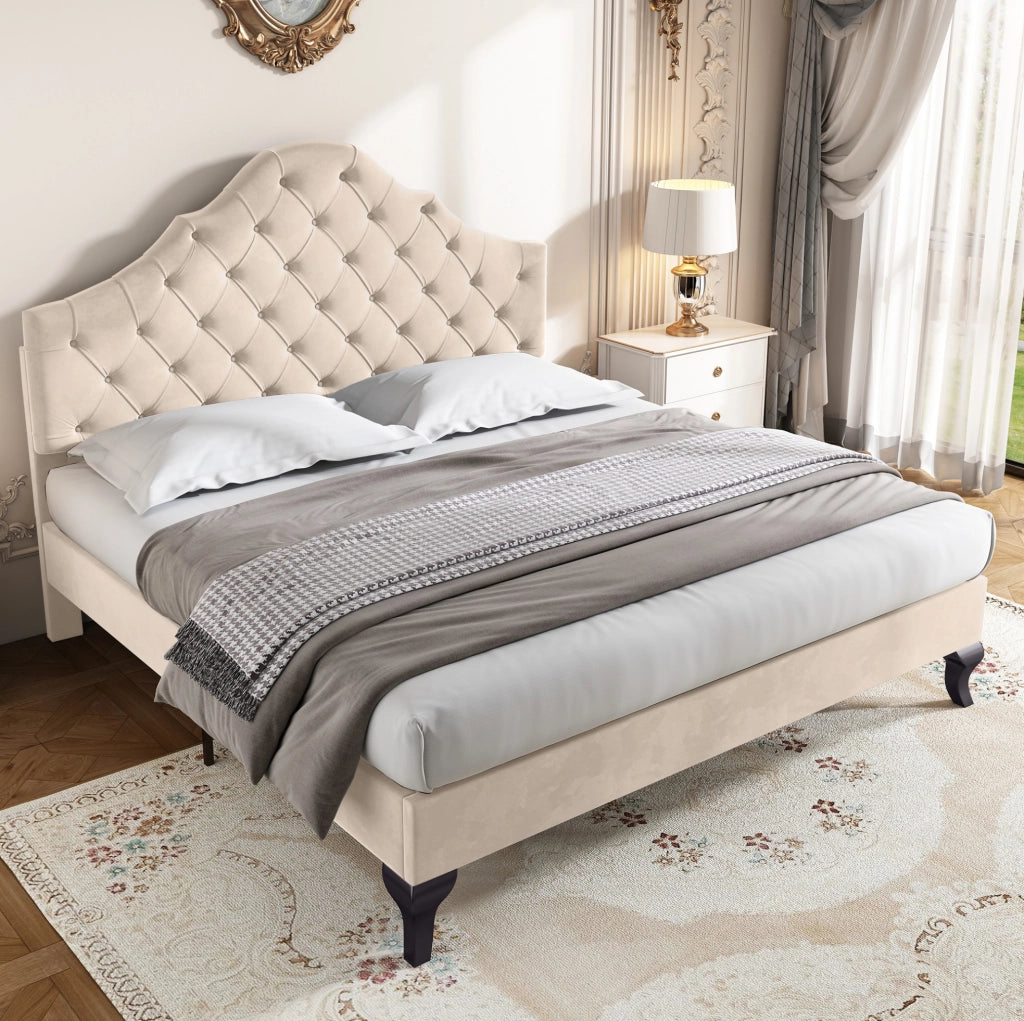Letto matrimoniale 140x190 cm imbottito in velluto con testiera regolabile; bianco sporco
