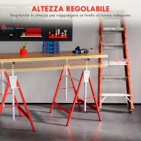 Set 2 Cavalletti da Lavoro Telescopici 80-130 cm Pieghevoli, in Acciaio Q195, 68x58x80 cm, Rosso e Argento