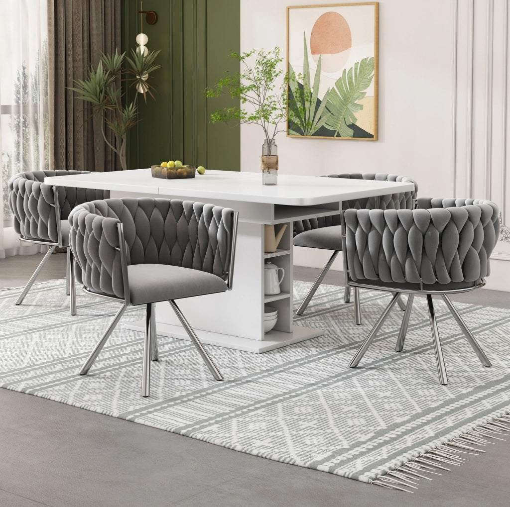 Set di 4 sedie da pranzo girevoli in velluto grigio e argento