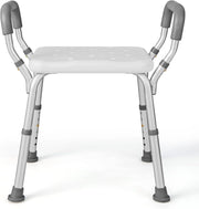Sgabello Doccia, Sedia per Doccia Regolabile in 6 Altezze con Braccioli Imbottiti Staccabili e Piedini in Gomma Antiscivola, Portata 100 kg, Seggiolino da Bagno per Anziani (Blu) (Grigio)