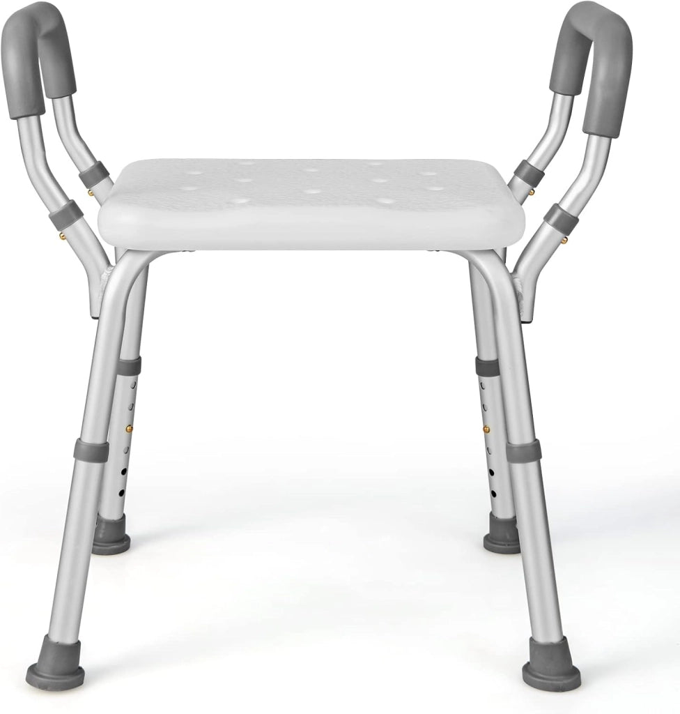 Sgabello Doccia, Sedia per Doccia Regolabile in 6 Altezze con Braccioli Imbottiti Staccabili e Piedini in Gomma Antiscivola, Portata 100 kg, Seggiolino da Bagno per Anziani (Blu) (Grigio)