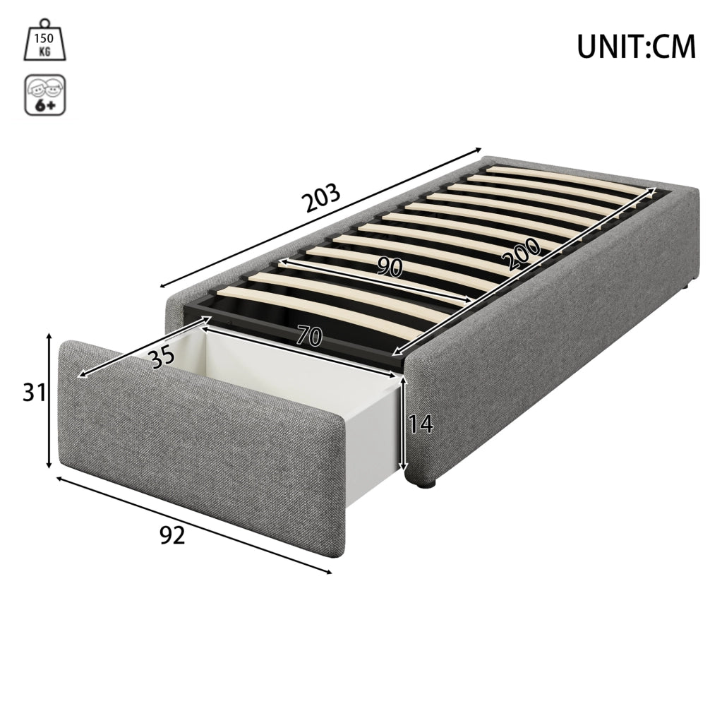 Letto imbottito 90x200 cm con contenitore e cassetto, grigio