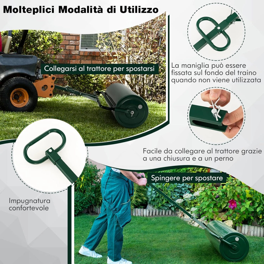 Rullo per Prato in Metallo 63 L, Rullo da Giardino 90 cm Riempibile con Acqua/Sabbia, con Gancio e Impugnatura Staccabile 137 cm, Ideale per Giardino, Prato, Parco e Fattoria (Verde)