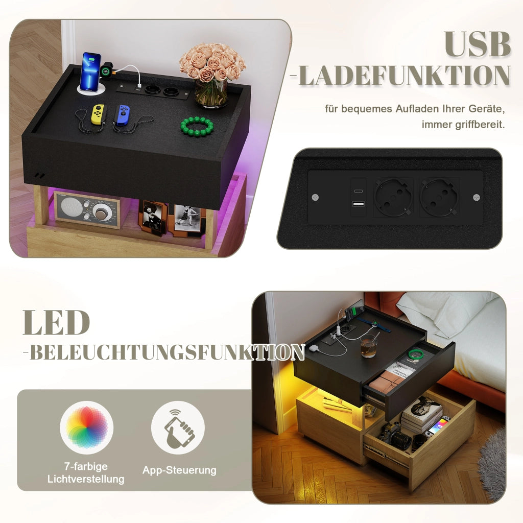 TAVOLINO NOTTURNO con ricarica wireless e USB 50x40x50 cm Nero/Naturale