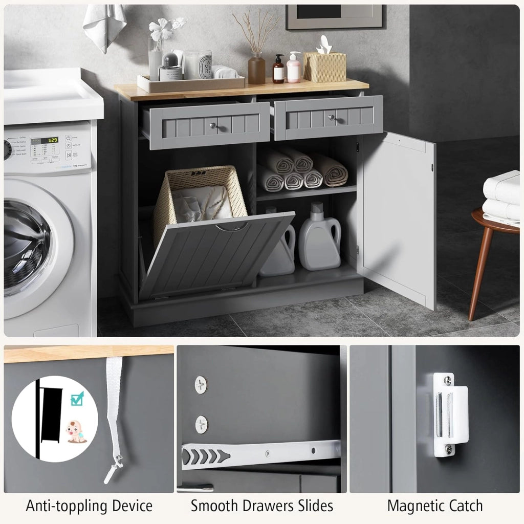 Armadio per Rifiuti da Cucina con Apertura a Ribalta, Mobile per Biancheria Autonomo con Piano in Legno di Gomma, Supporto per Cestino Nascosto, Ripiano Regolabile (Grigio)